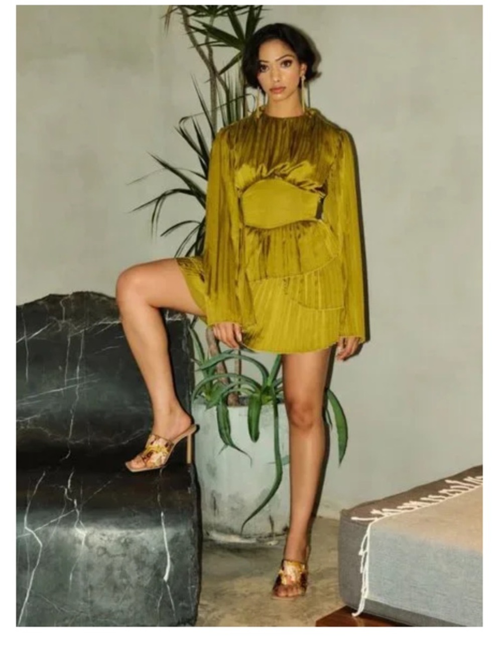 Andrea Iyamah Olive Pleated Long-Sleeve Mini Dress - Picture 3 of 9